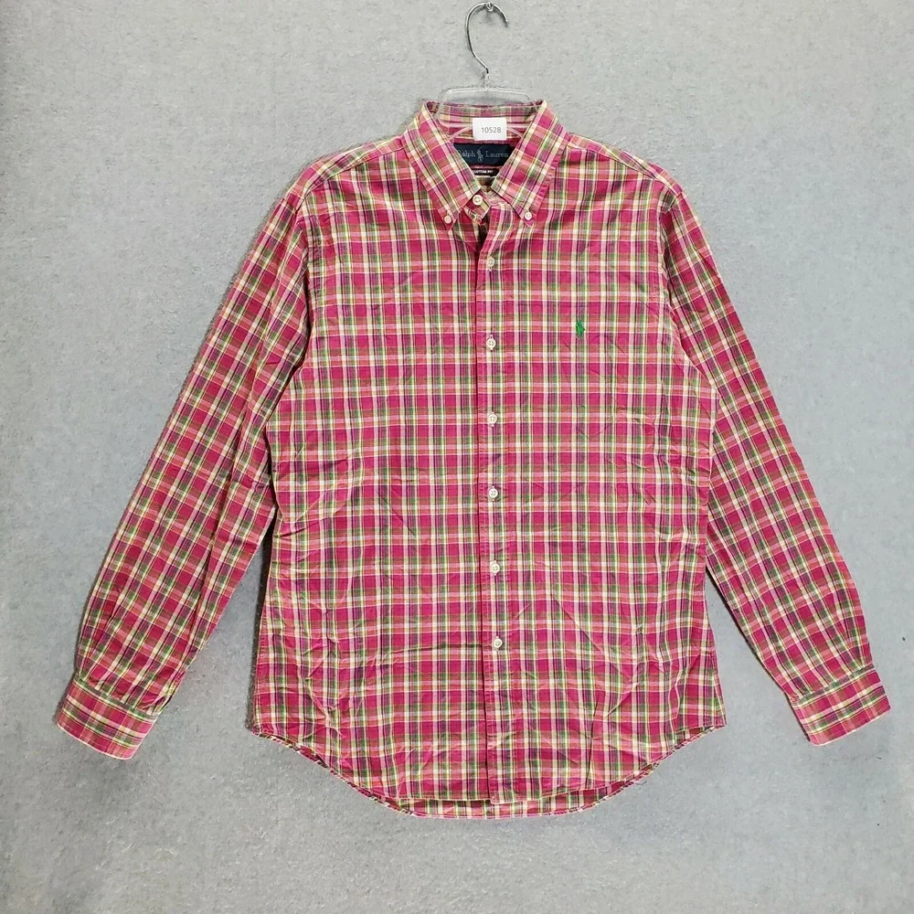 Ralph Lauren Men Button Up Medium Pink Plaid Custom Fit Tartan Long Sleeve